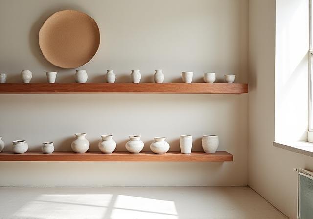 Artisan pottery on display in a gallery setting