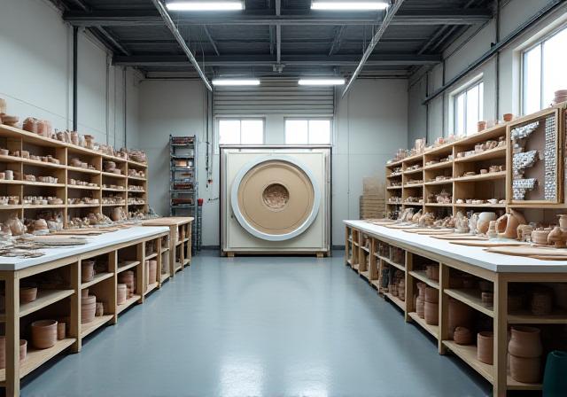 A clean, organized ceramic studio with safety equipment