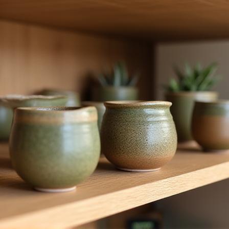 Carefully arranged handmade ceramics on a gallery shelf