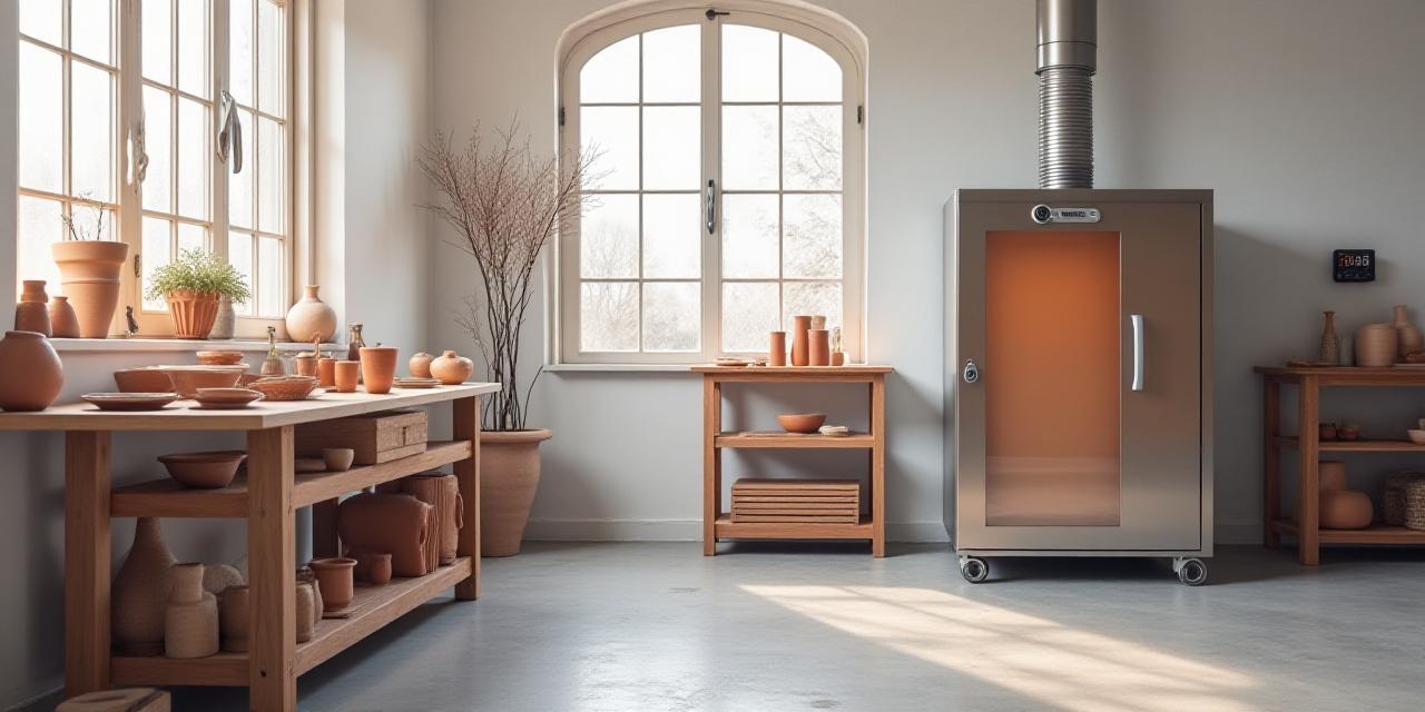 A clean, organized ceramics studio with a modern electric kiln and safety equipment